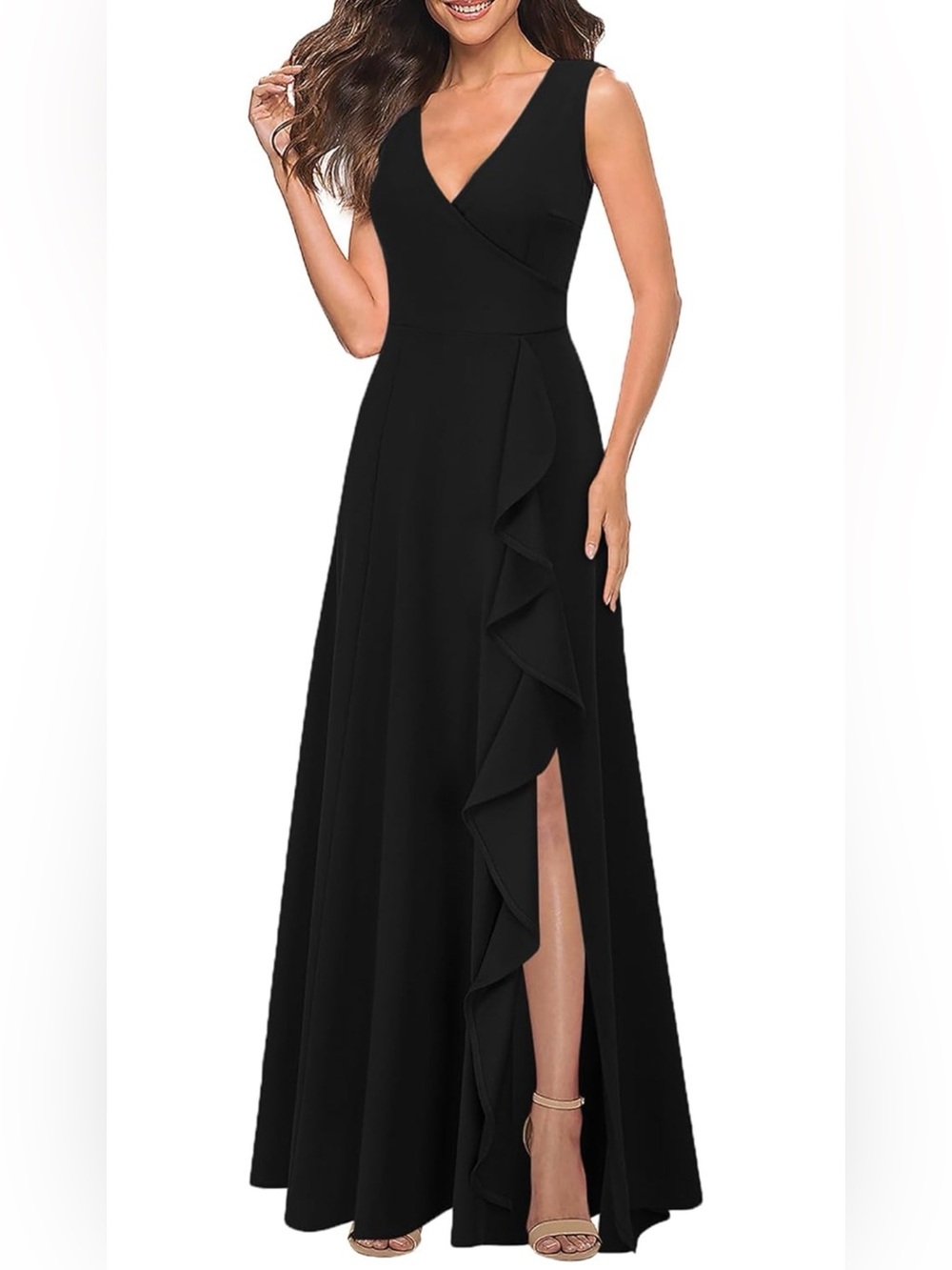 MUSHARE Women's V Neck Sexy Split Cocktail Dress with Pockets Ruffle Party Long